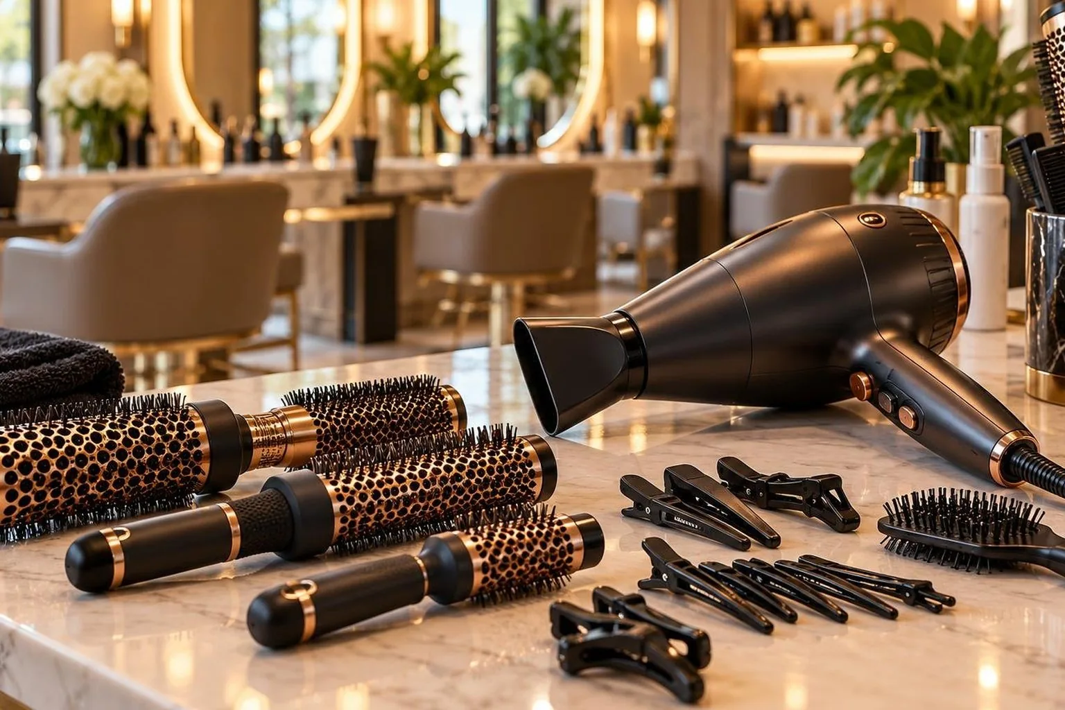 Brushes, clips and a professional dryer laid out on a clean counter, during a real blow dry