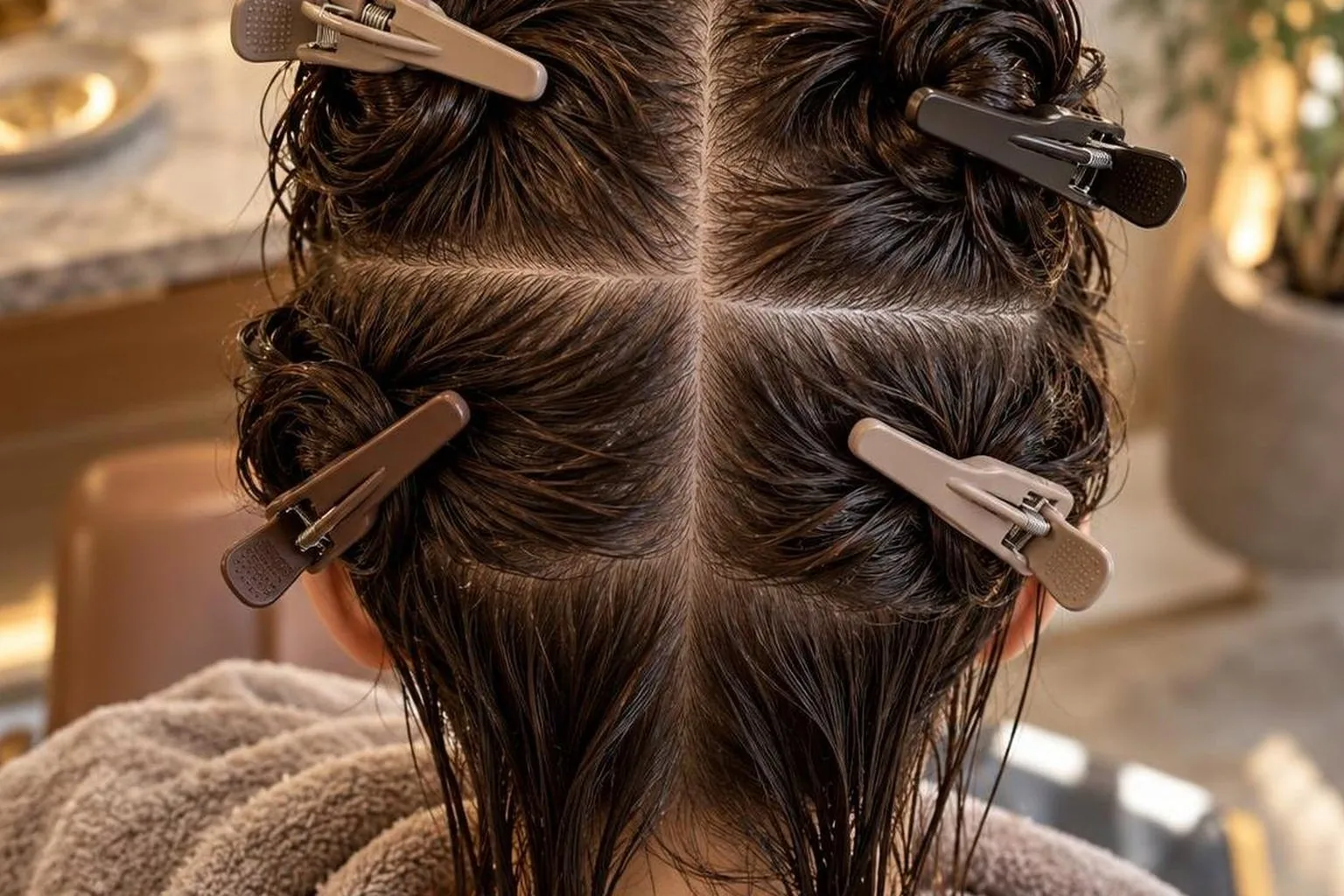Clips holding sections apart on damp hair, overhead view, in natural daylight