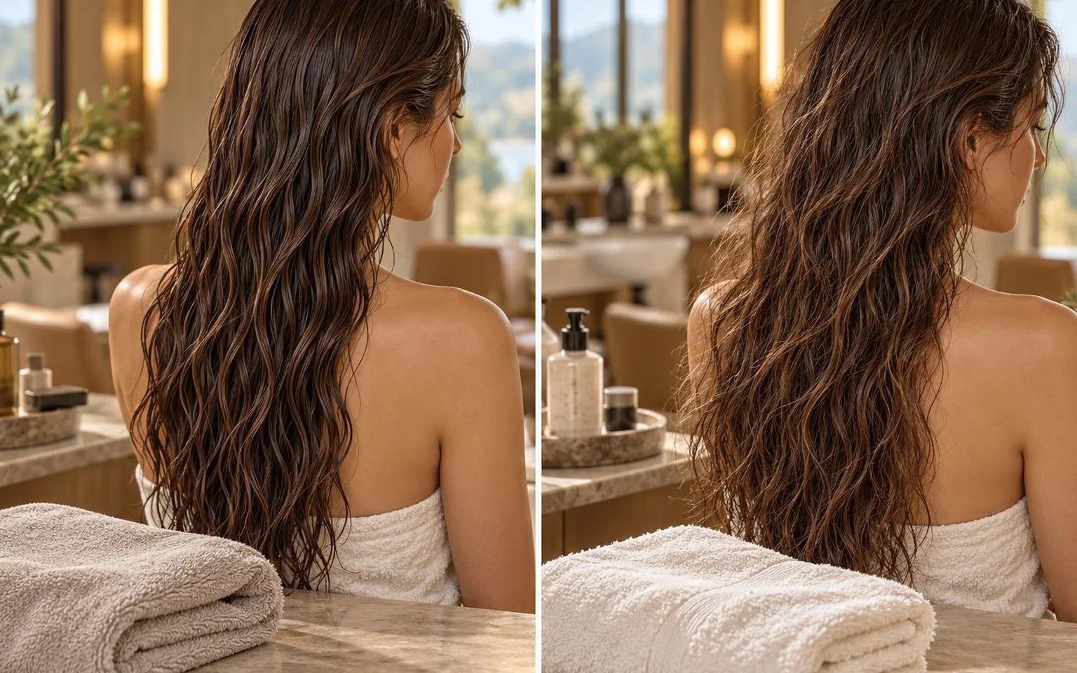 Side-by-side of two finishes on the same hair type, in natural daylight