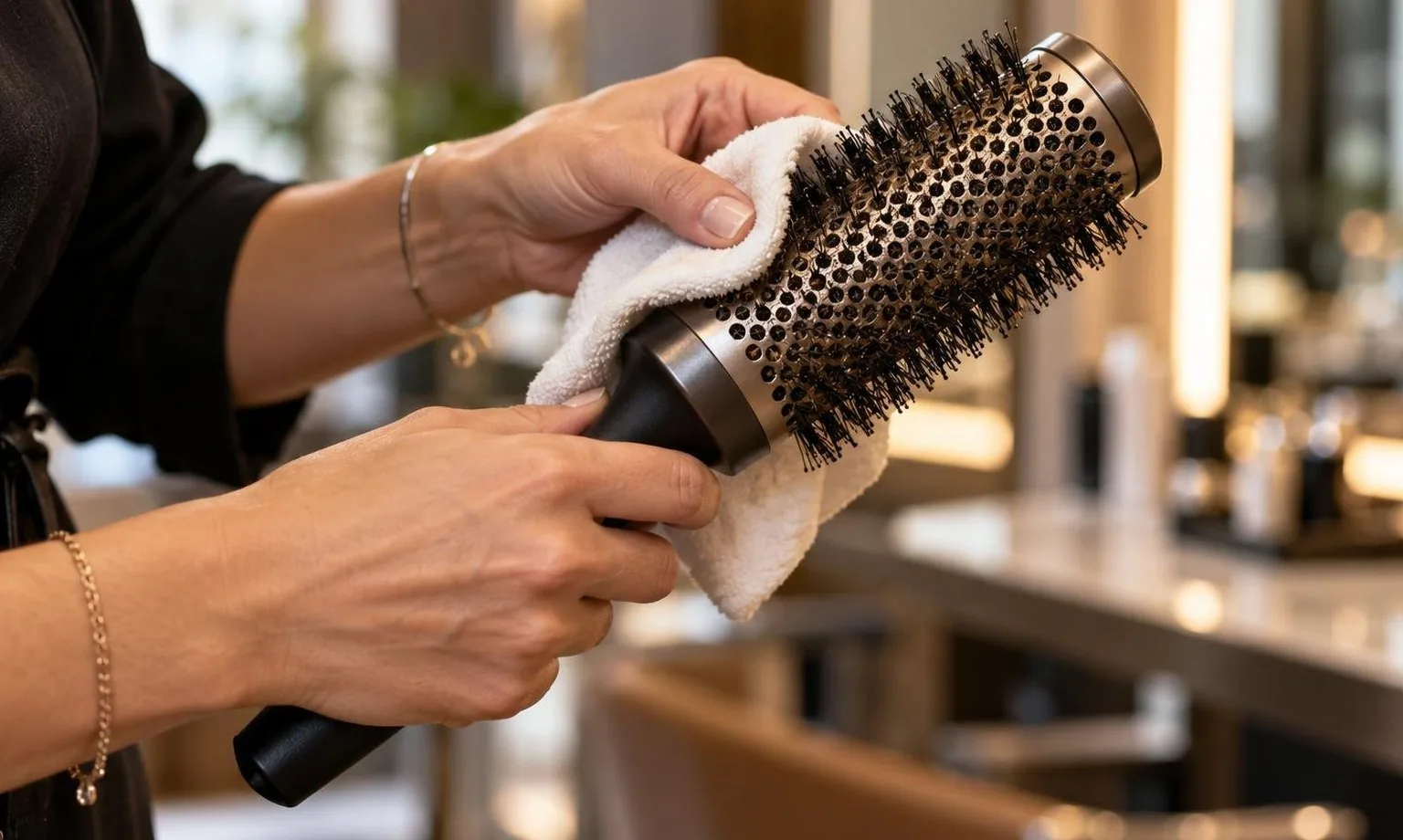 Hands checking tension on a round brush mid-section, close-up, in natural daylight