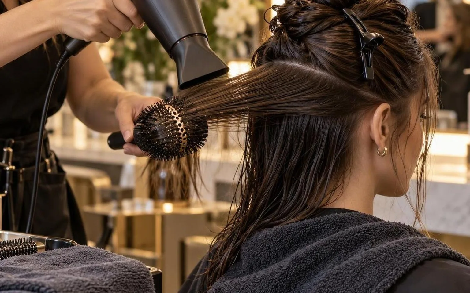 A stylist working through a sectioned blow dry, close-up, in a working salon