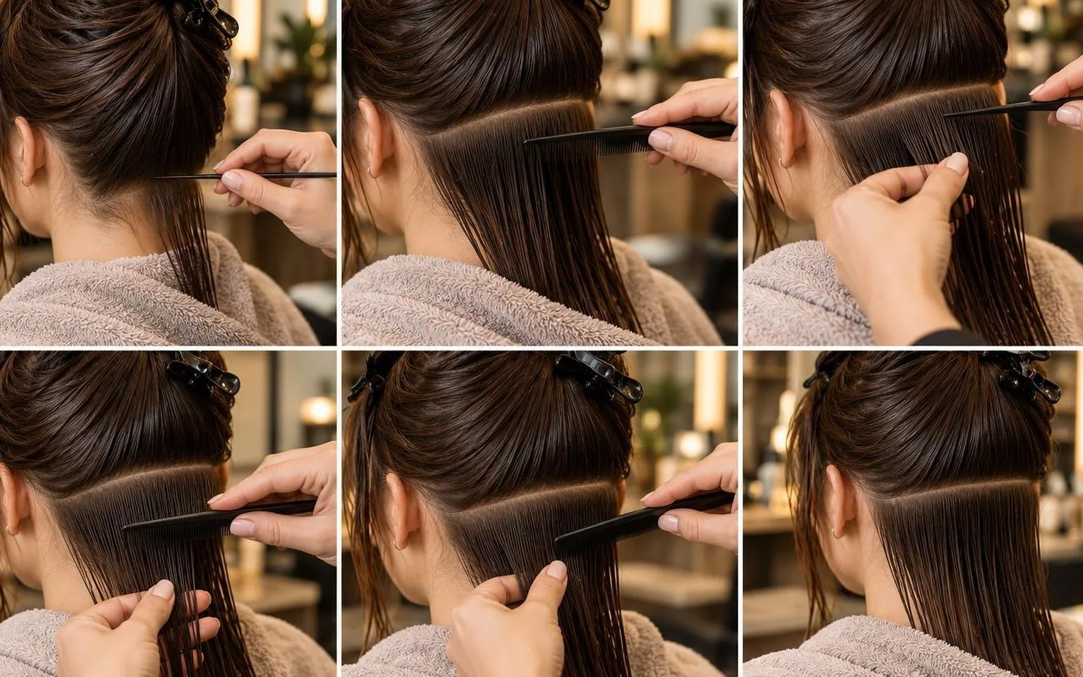 Step-by-step sectioning at the nape, close-up, in everyday salon practice