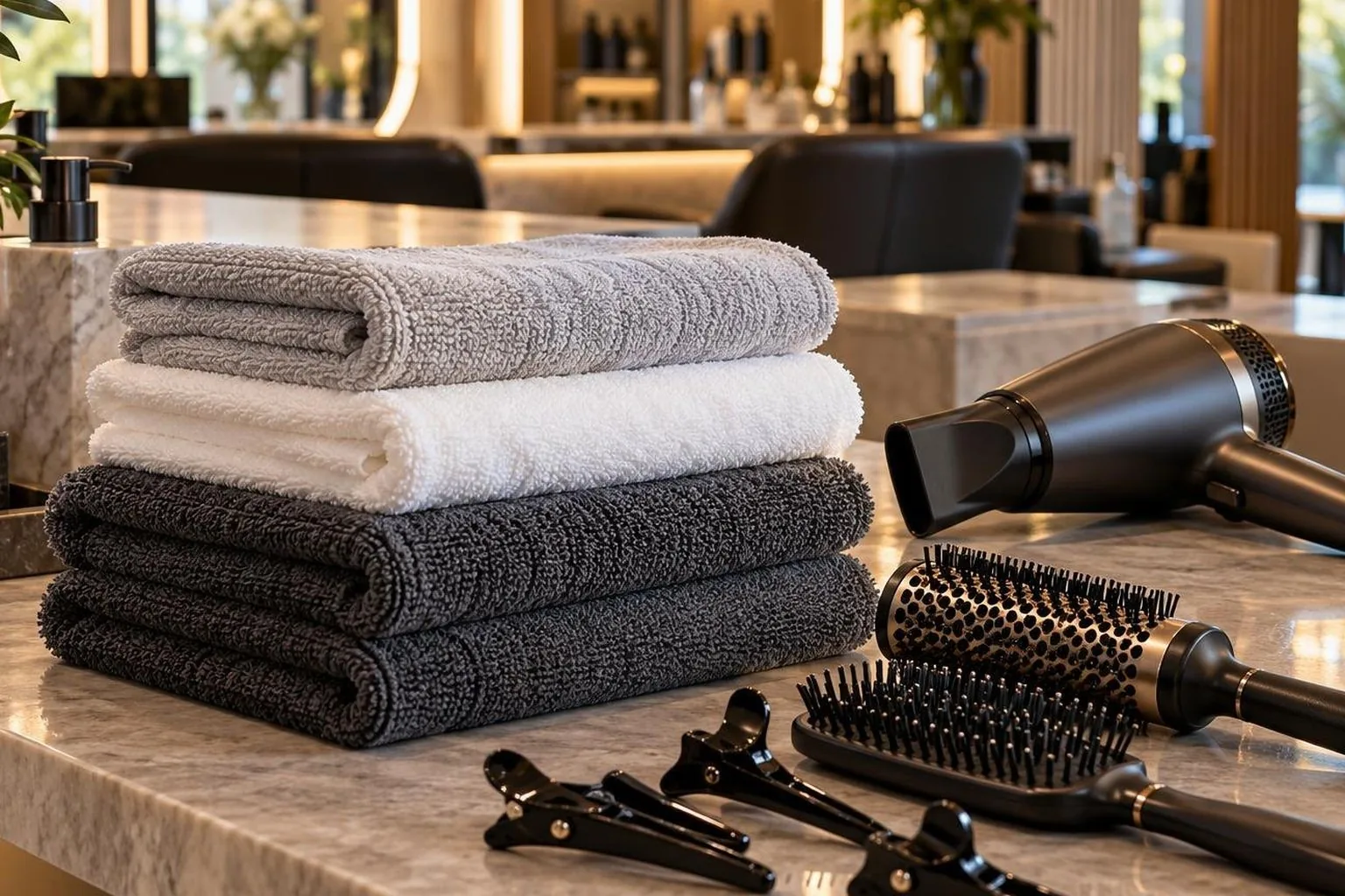 Brushes, clips and a professional dryer laid out on a clean counter, during a real blow dry