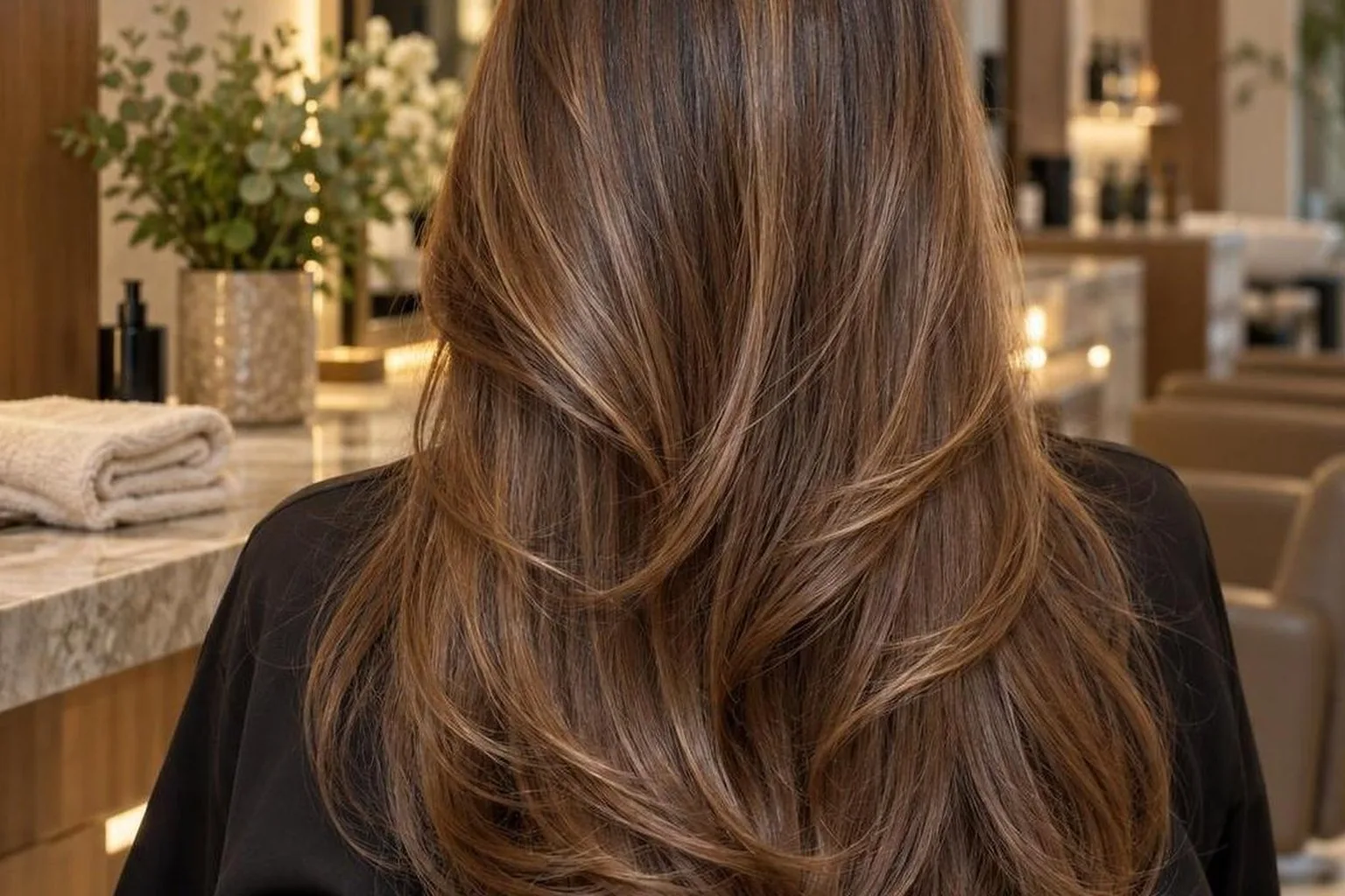 The finished blow dry from behind, movement in the lengths, in natural daylight
