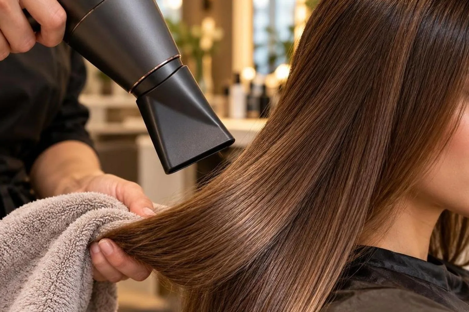 A nozzle held at the correct angle to the hair shaft, macro, in natural daylight