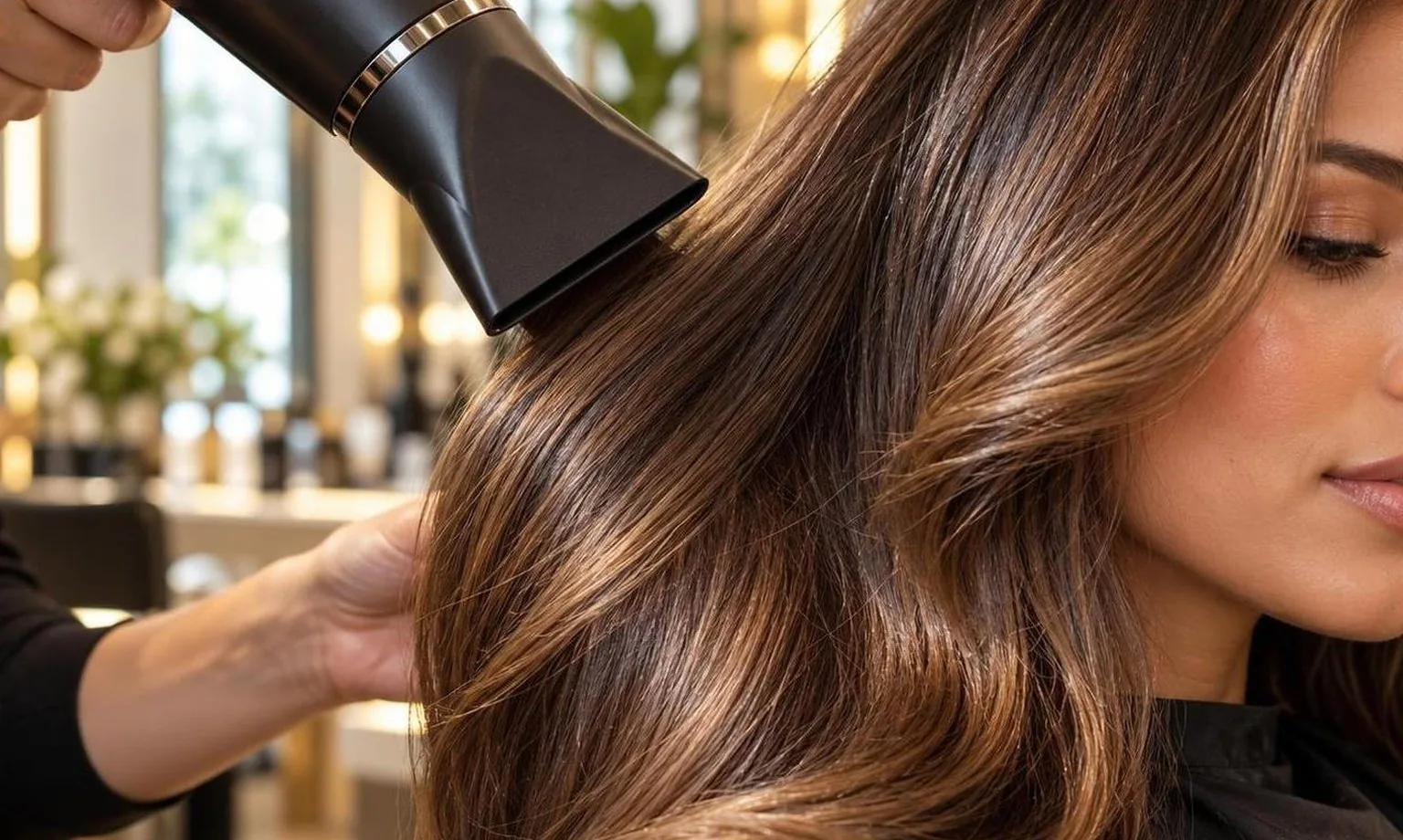 A nozzle held at the correct angle to the hair shaft, macro, in a working salon