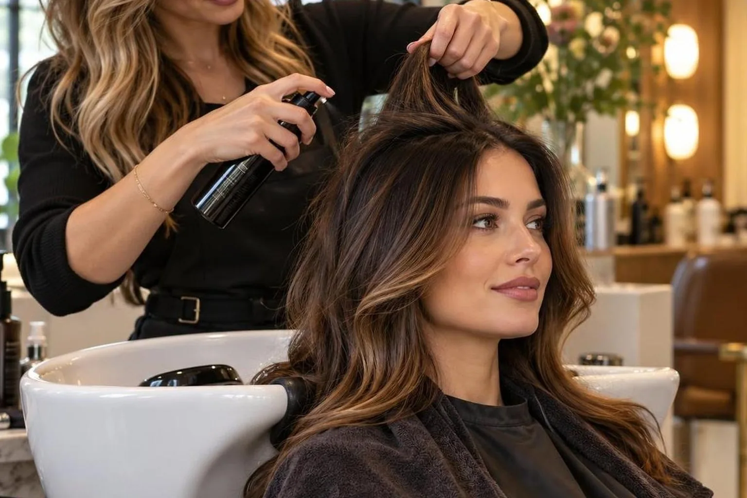 A client at the basin before the blow dry begins, warm light, during a real blow dry