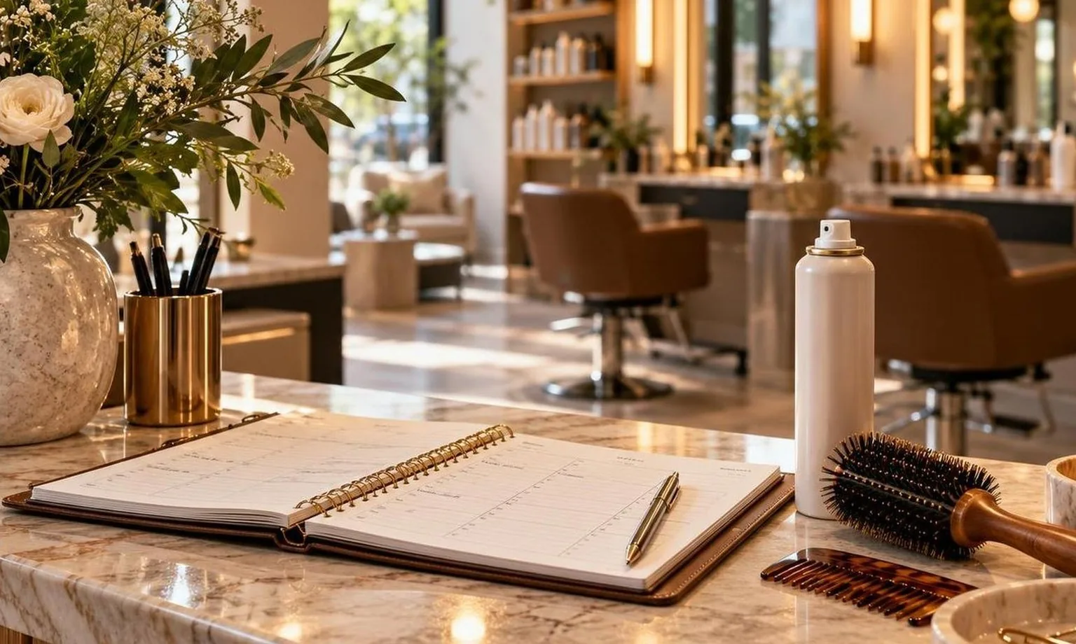 A salon reception desk with the day's appointment book open, as it happens at the chair