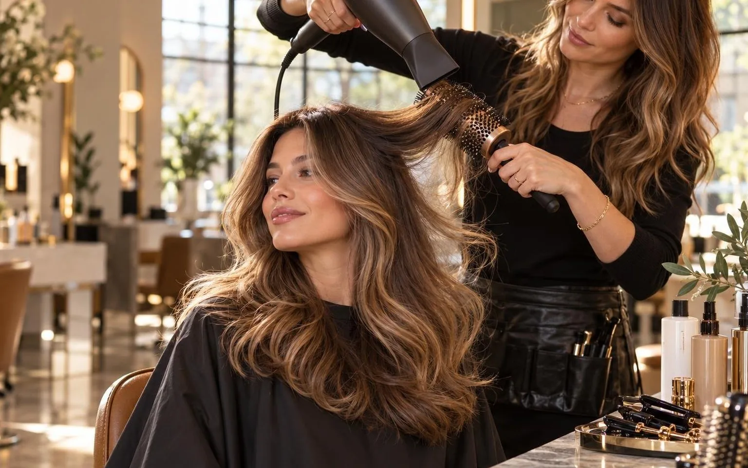 The workstation mid-service, tools in use and hair in motion, shown close up