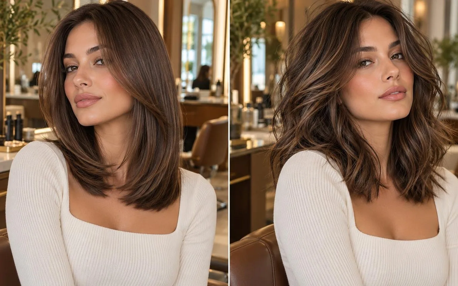 Side-by-side of two finishes on the same hair type, in everyday salon practice