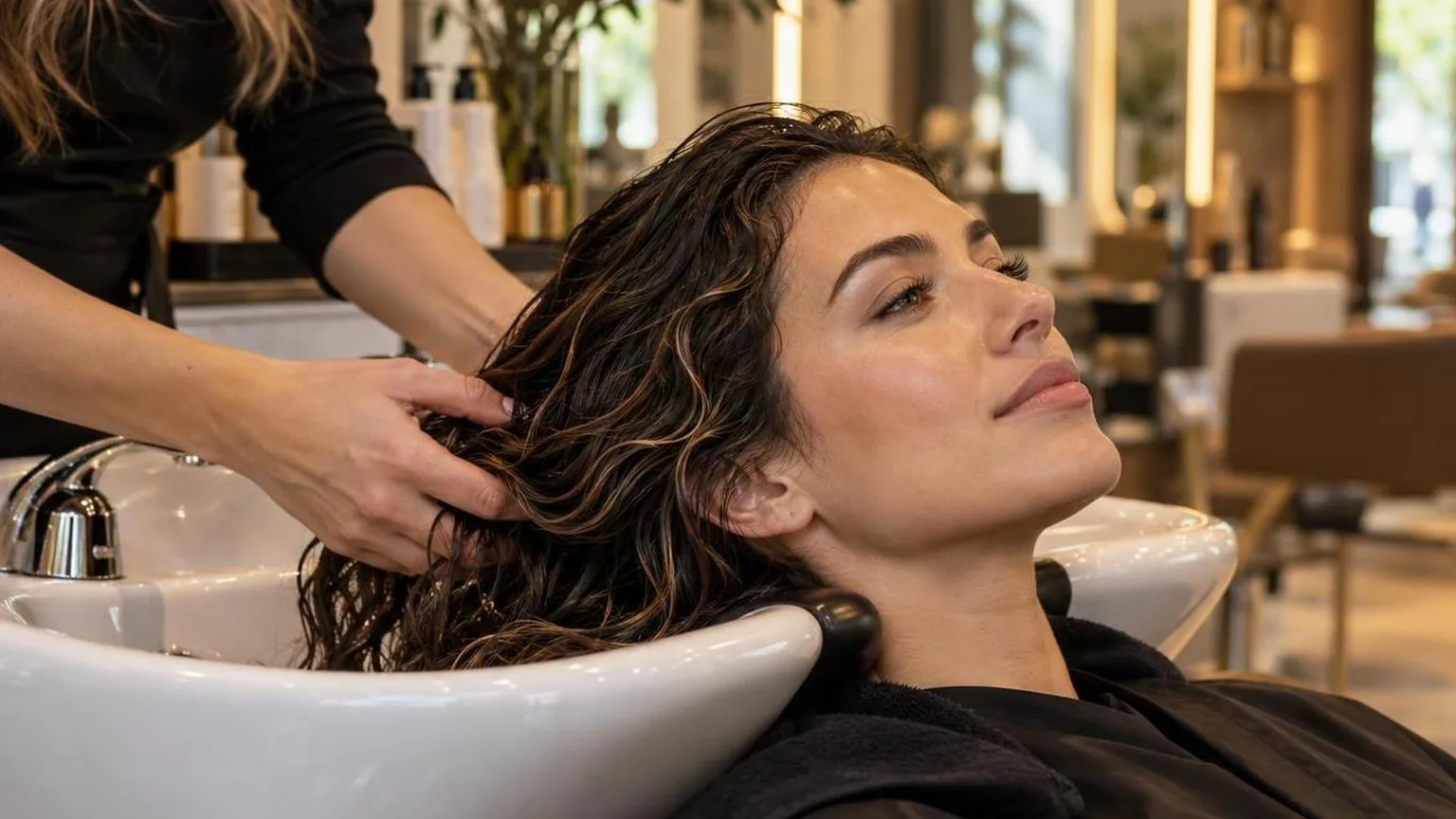 A client at the basin before the blow dry begins, warm light, as it happens at the chair