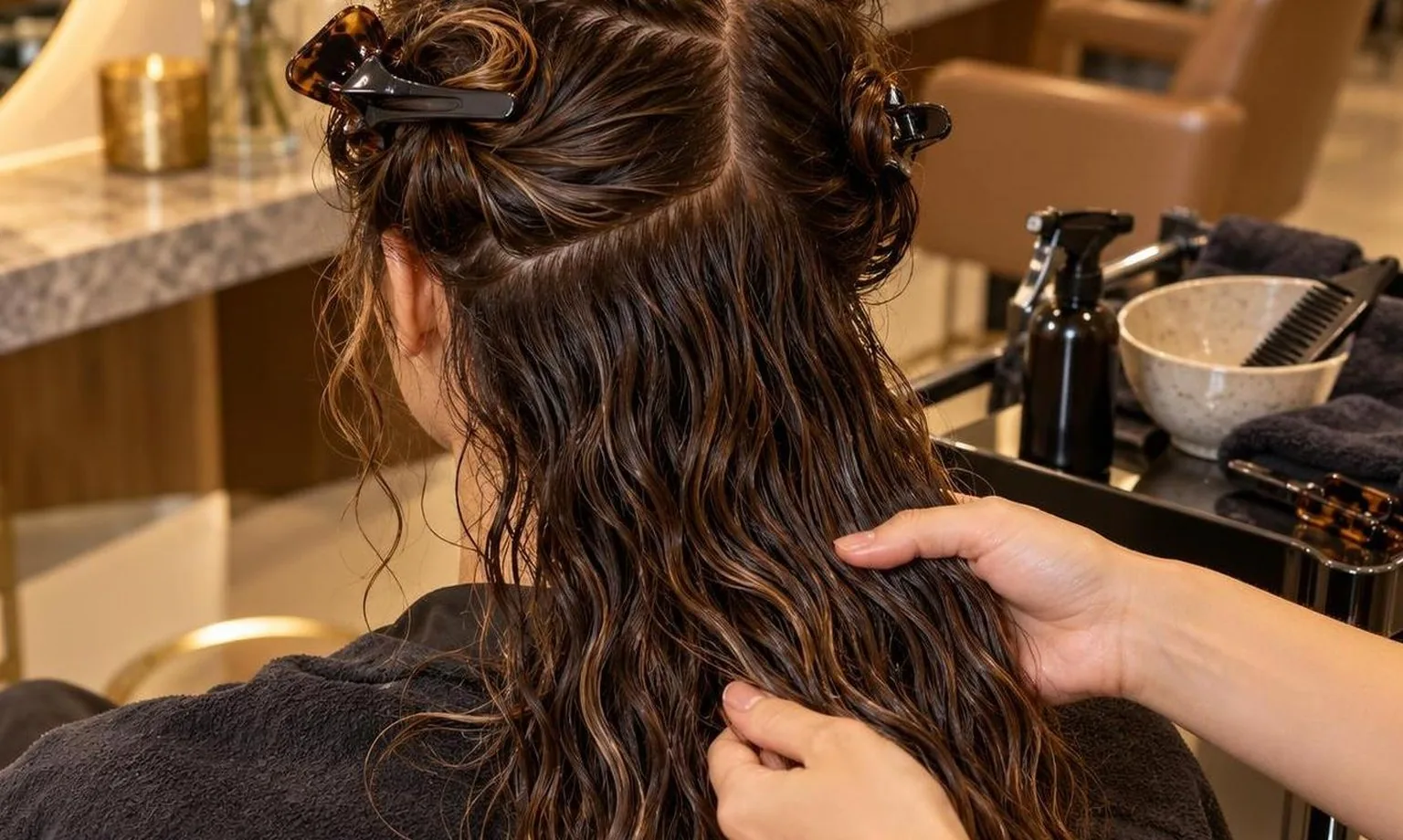 Clips holding sections apart on damp hair, overhead view, during a real blow dry