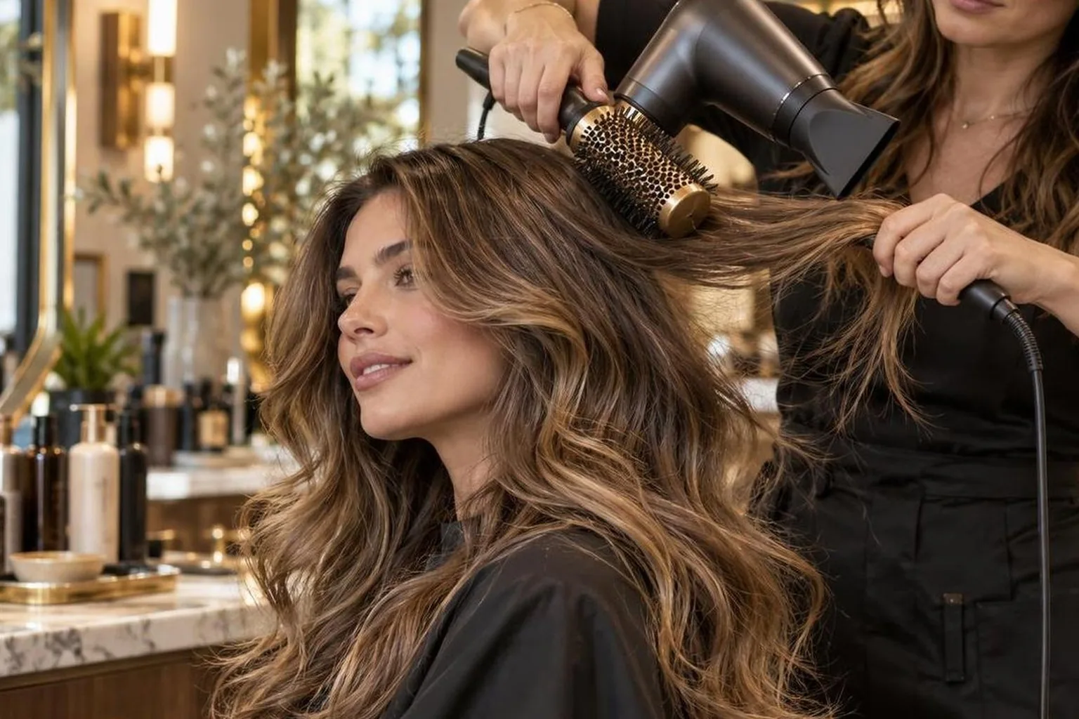 The workstation mid-service, tools in use and hair in motion, during a real blow dry