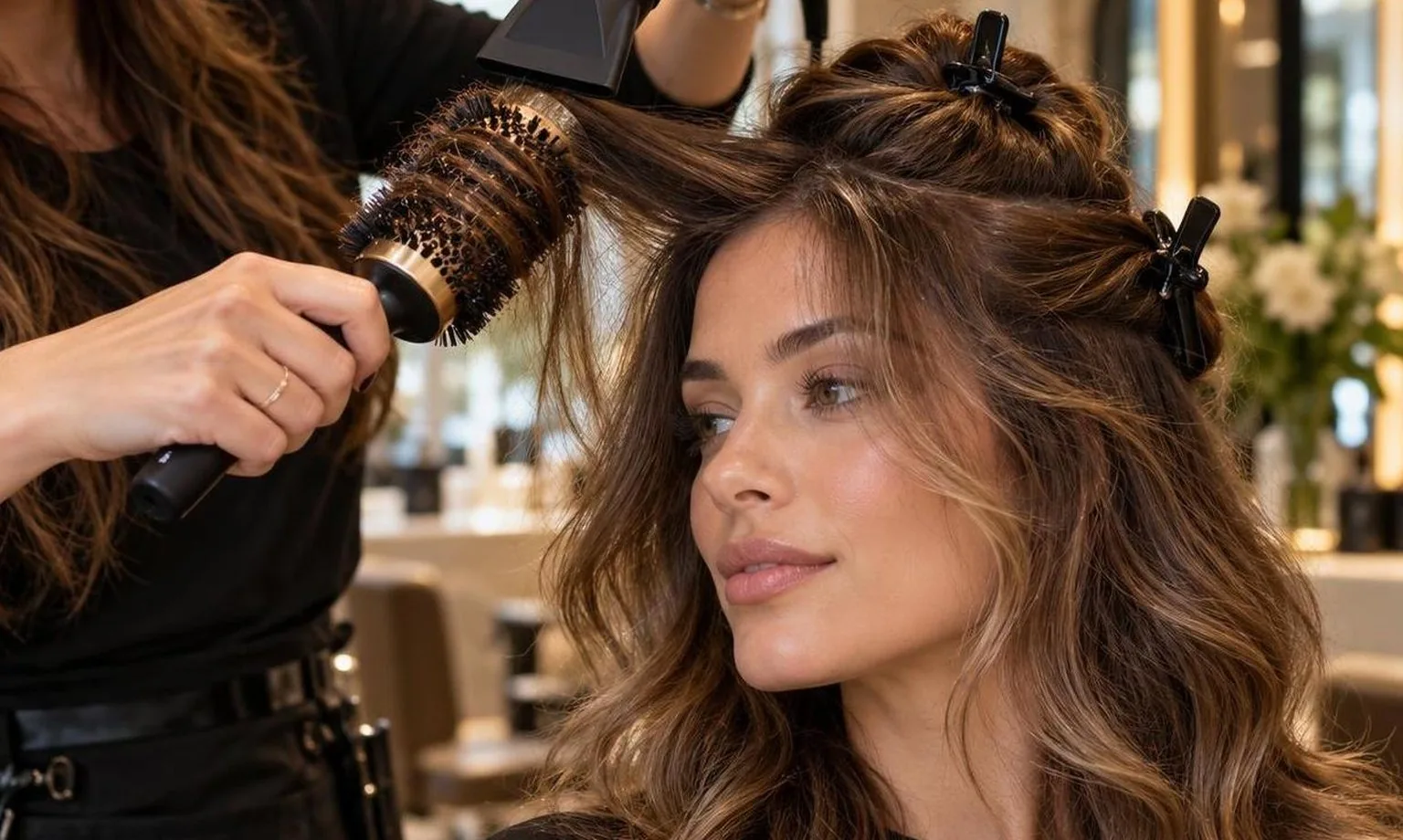 A stylist working through a sectioned blow dry, close-up, as it happens at the chair