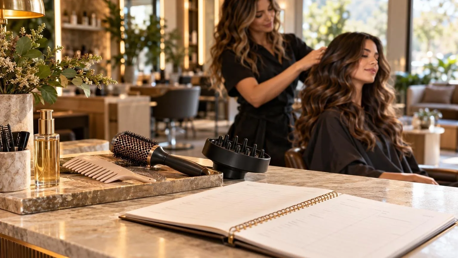 A salon reception desk with the day's appointment book open, in everyday salon practice