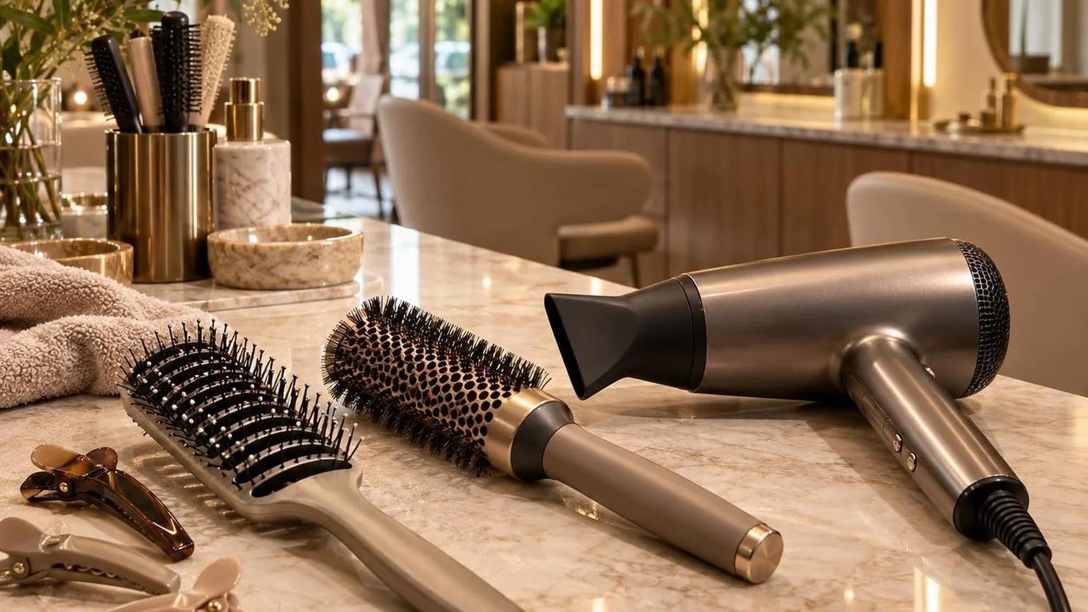 Brushes, clips and a professional dryer laid out on a clean counter, shown close up