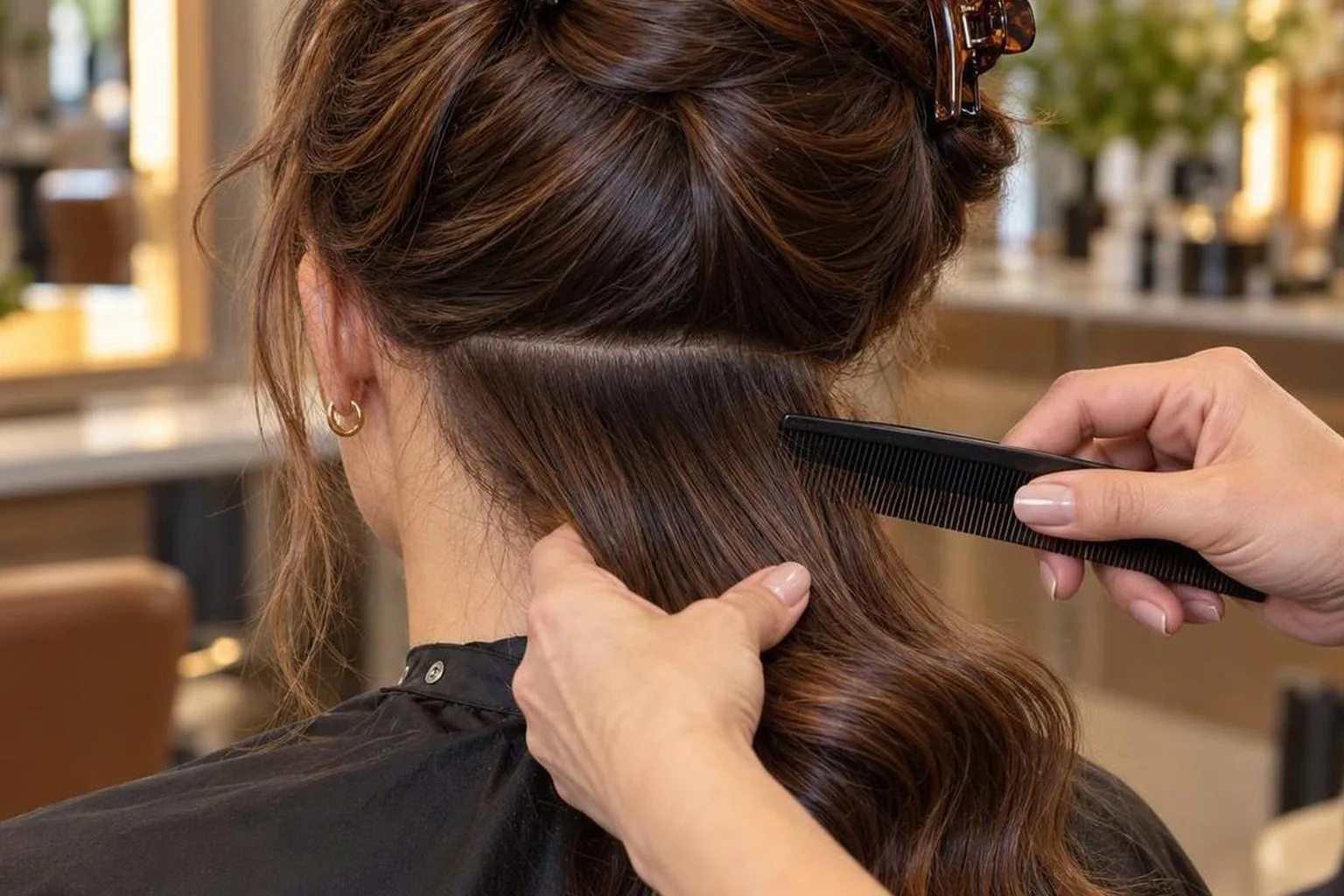 Step-by-step sectioning at the nape, close-up, shown close up