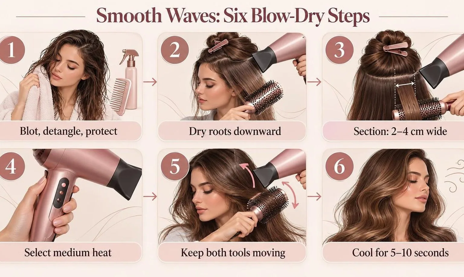 Smooth Waves: Six Blow-Dry Steps — the key figures from this guide at a glance