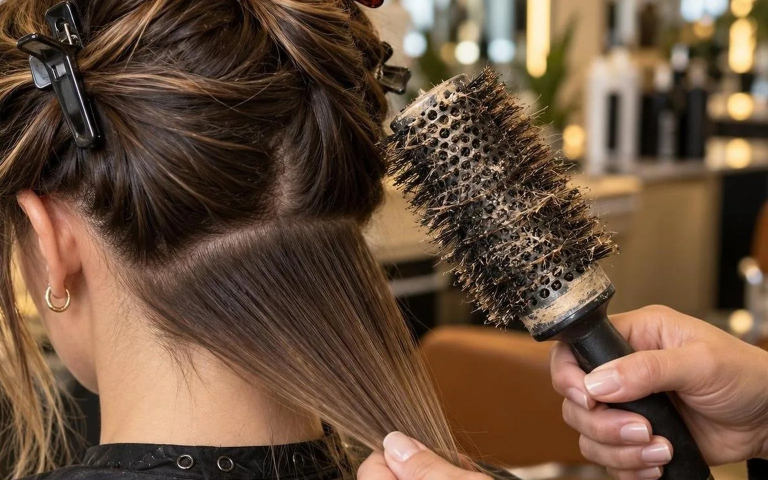 Step-by-step sectioning at the nape, close-up, in everyday salon practice