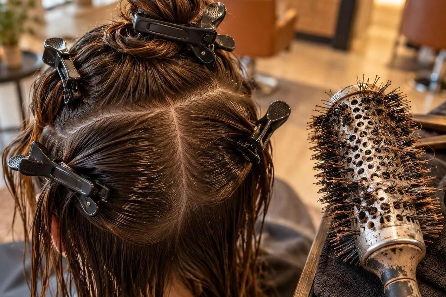 Clips holding sections apart on damp hair, overhead view, in everyday salon practice