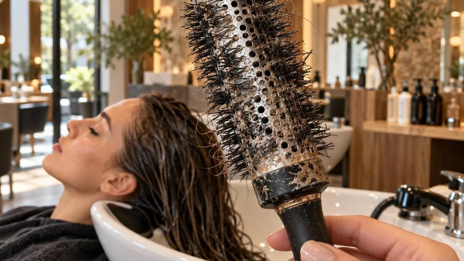 A client at the basin before the blow dry begins, warm light, during a real blow dry