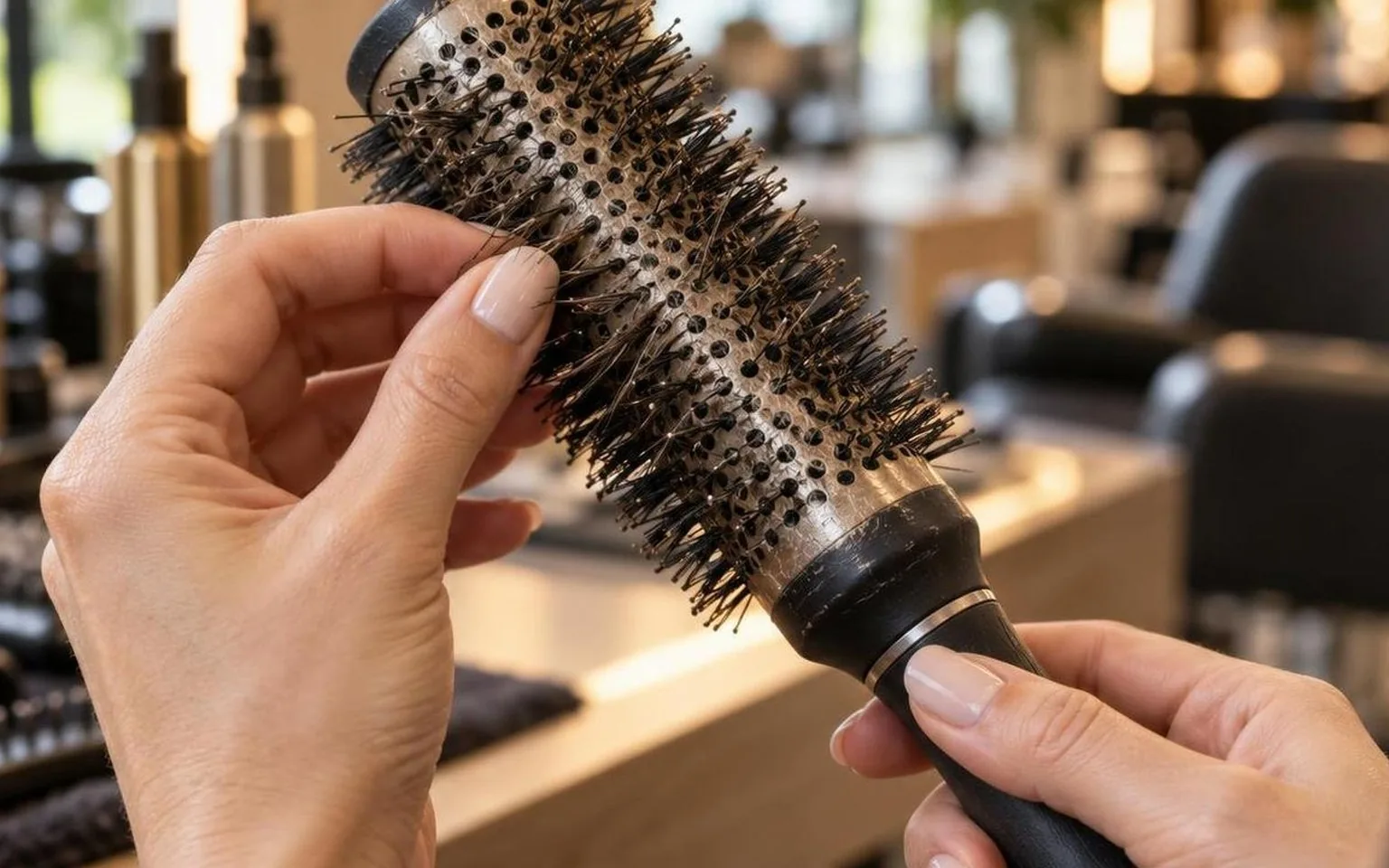 Hands checking tension on a round brush mid-section, close-up, in everyday salon practice