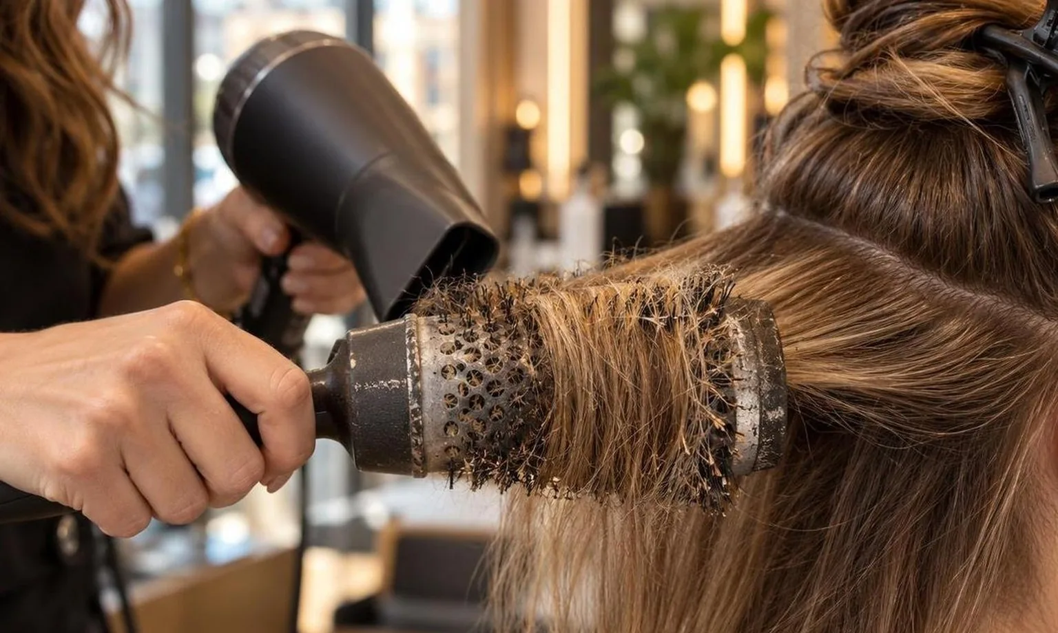 A stylist working through a sectioned blow dry, close-up, shown close up