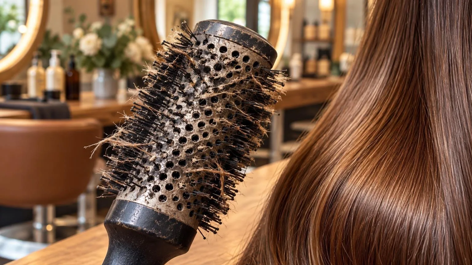Close-up of hair texture and shine under soft daylight, during a real blow dry