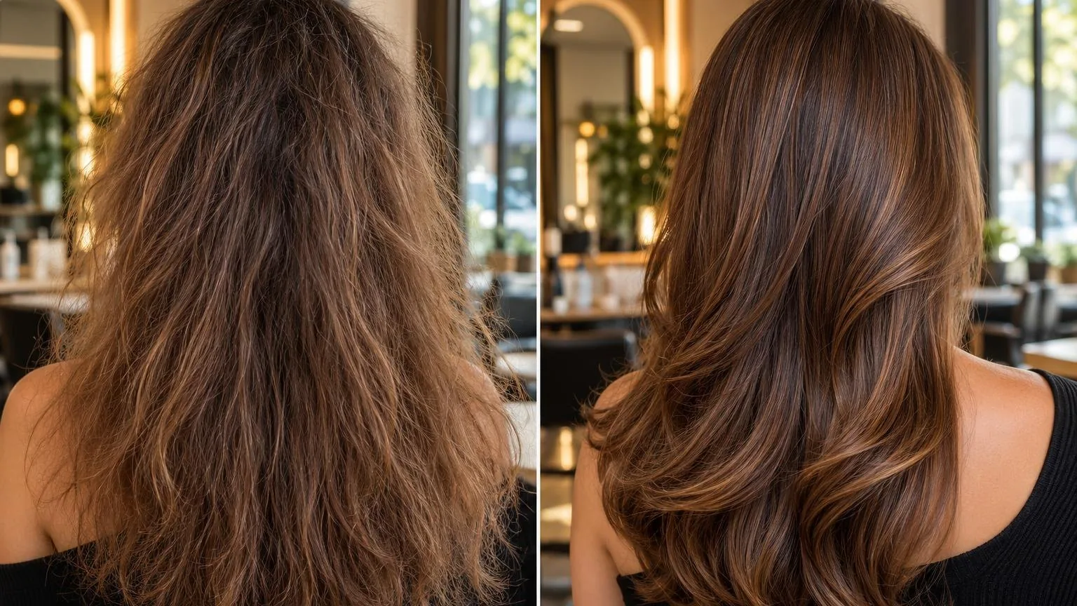 Side-by-side of two finishes on the same hair type, in everyday salon practice