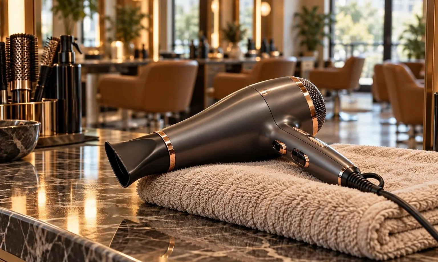 A dryer resting on a folded towel between clients, in natural daylight