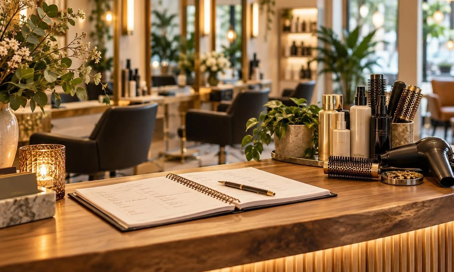 A salon reception desk with the day's appointment book open, during a real blow dry
