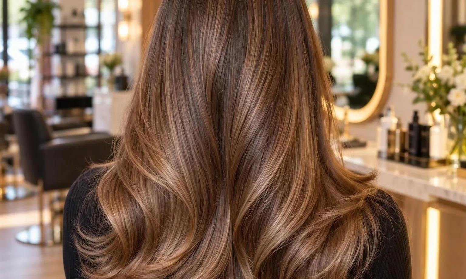 The finished blow dry from behind, movement in the lengths, as it happens at the chair