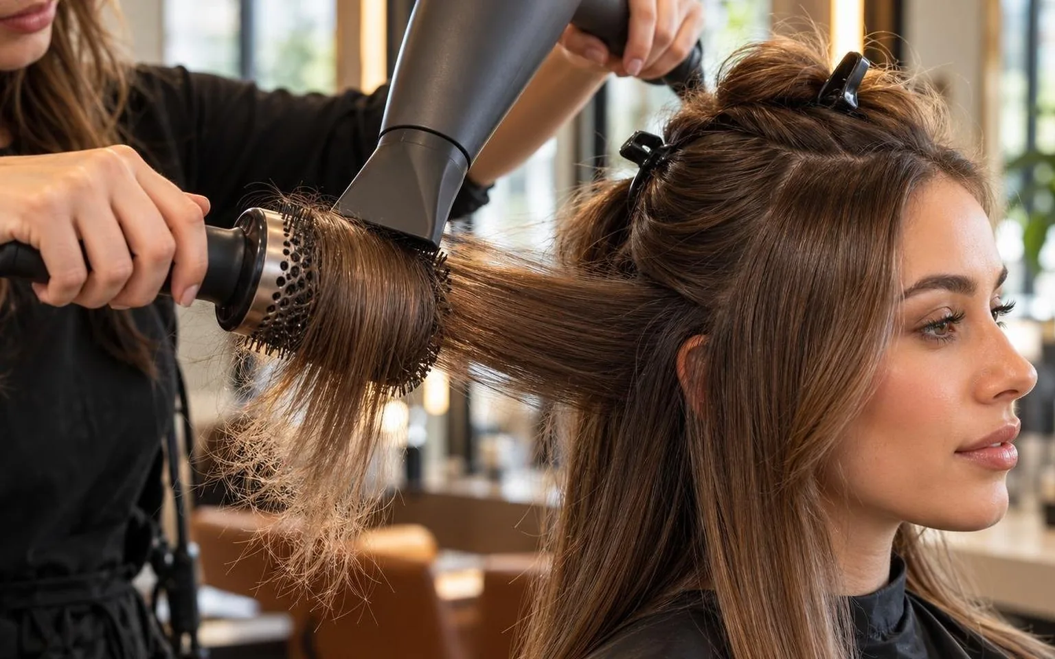 A stylist working through a sectioned blow dry, close-up, during a real blow dry