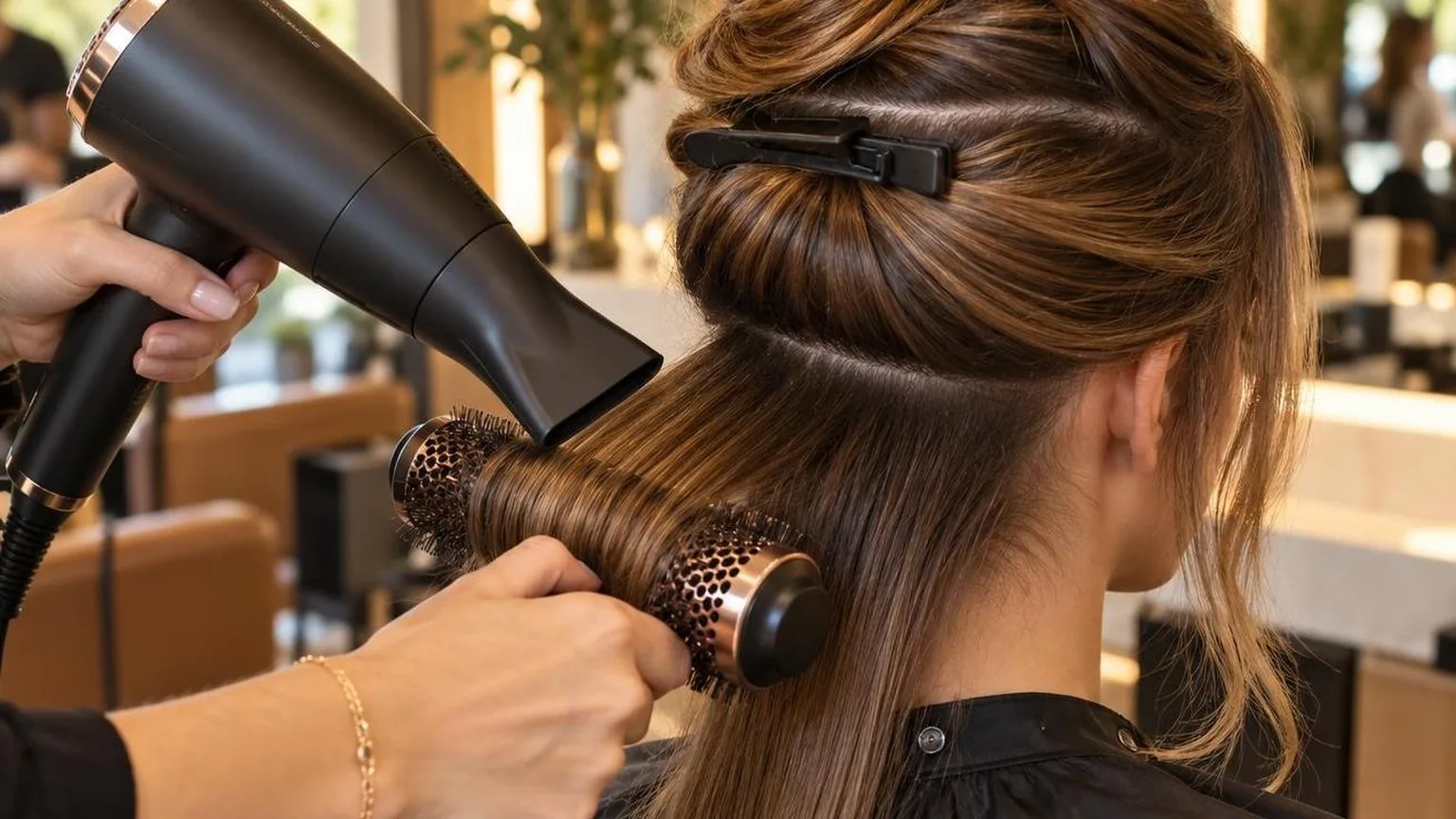 Step-by-step sectioning at the nape, close-up, in everyday salon practice