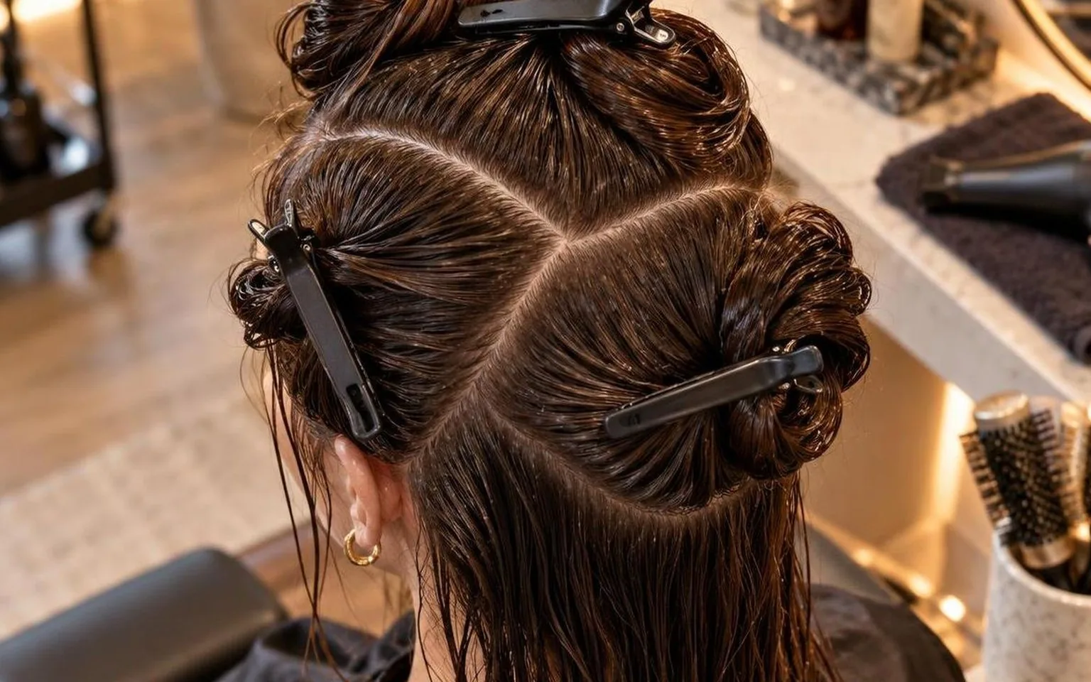 Clips holding sections apart on damp hair, overhead view, during a real blow dry